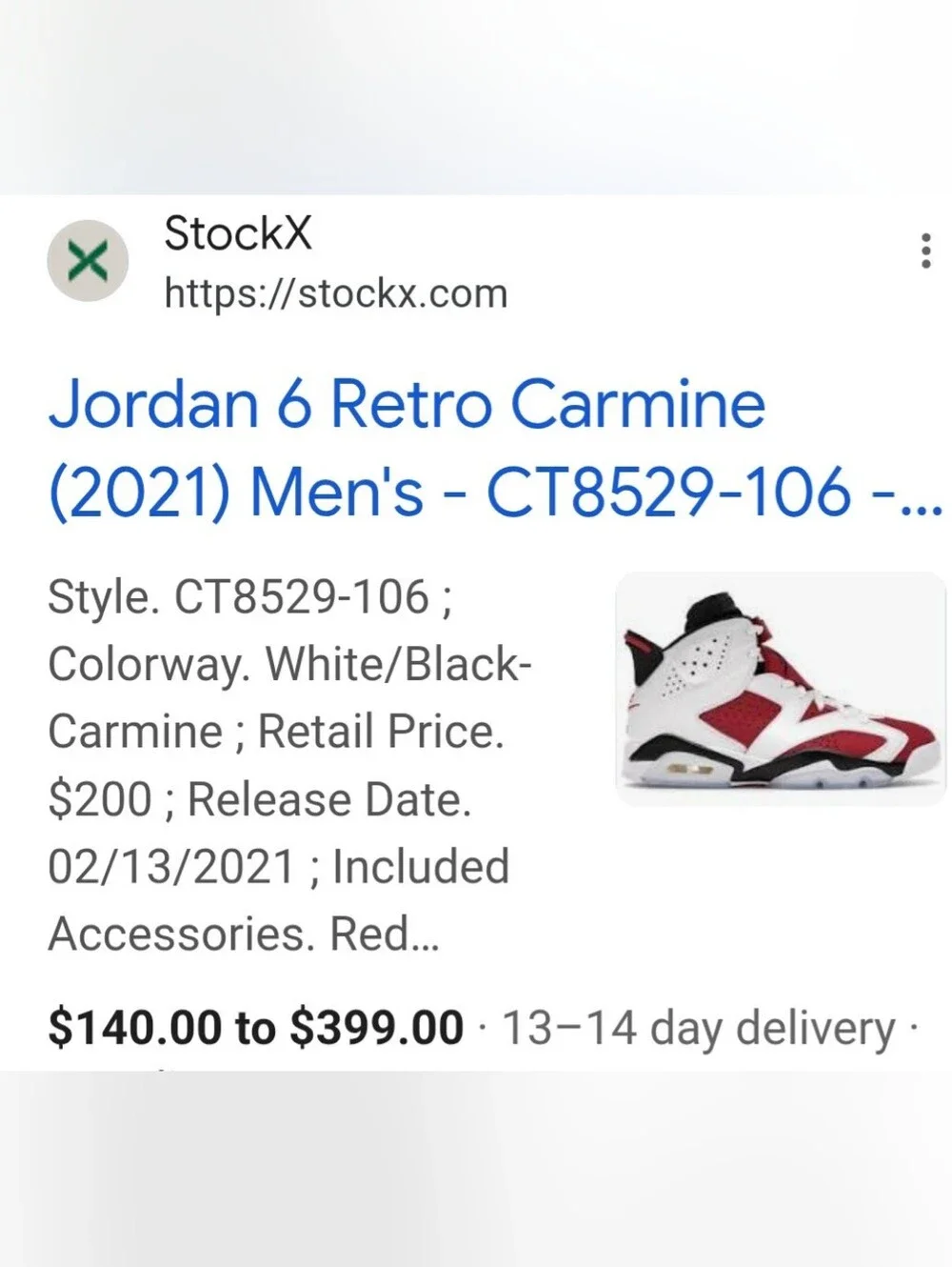 Men's Nike Air Jordan 6 Retro Carmine Size 11 (EXCELLENT CONDITION)